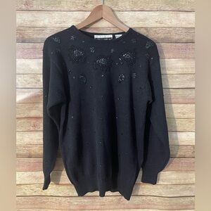 Dana Scott Women’s Black Sequin Beaded Floral Knit Pullover Sweater Small